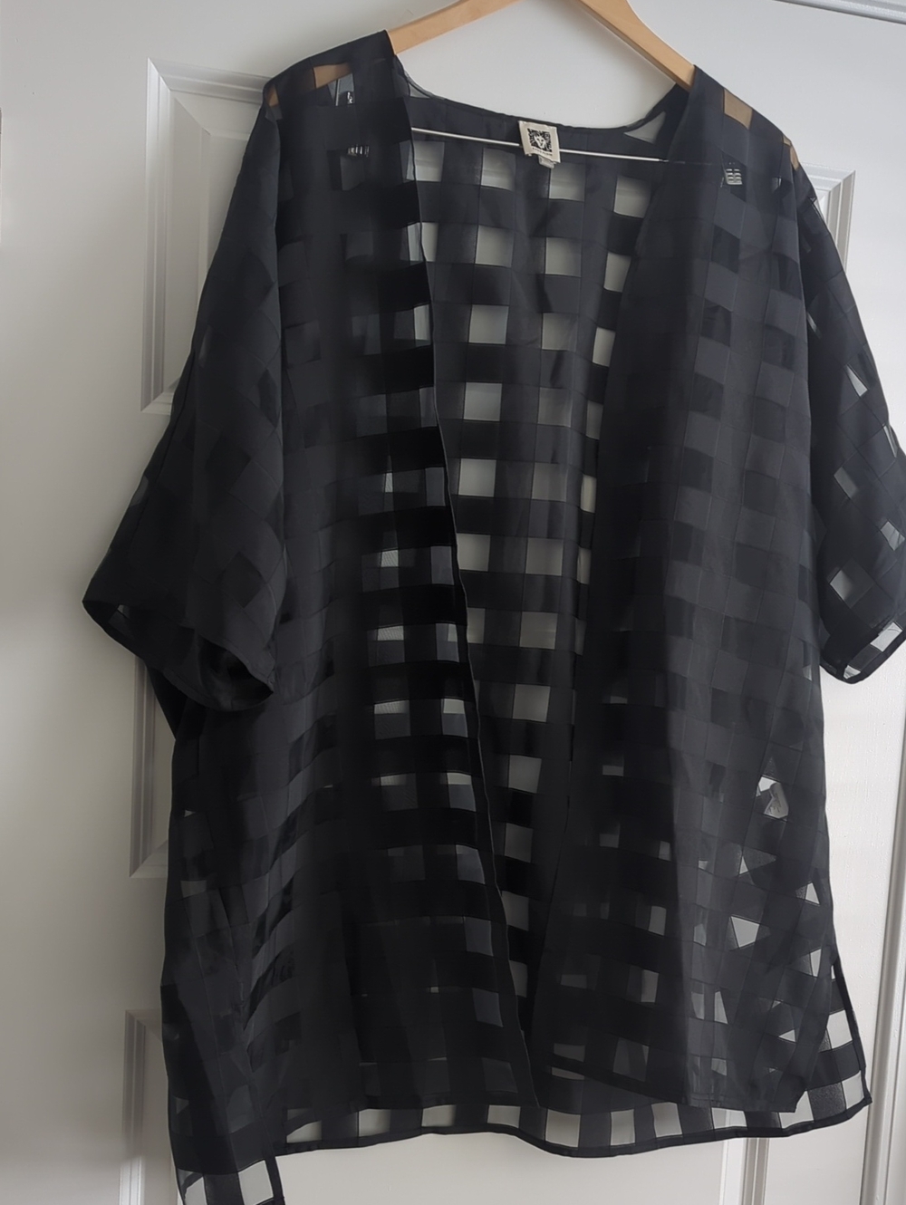 Anne Klein Black Sheer Grid Open-Front Kimono P2P 35 L36 NWOT